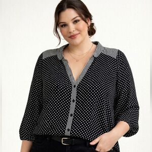 Avenue 14/16 Plus Button Down Tunic Top Blouse Shirt Polka Dots and Stripes